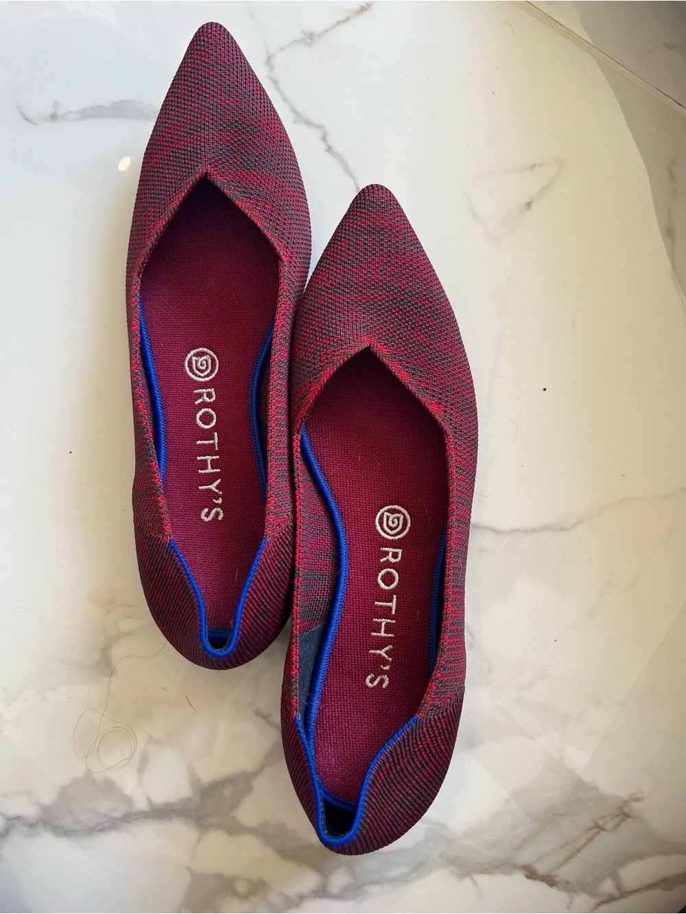 Rothy's Pointed Knit Flats in Wine with Blue Trim